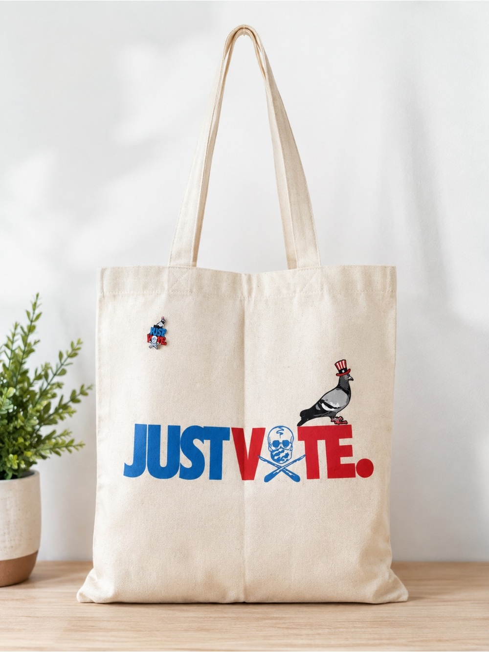 Staple JUST VOTE Canvas Tote in Natural with Red & Blue Graphic